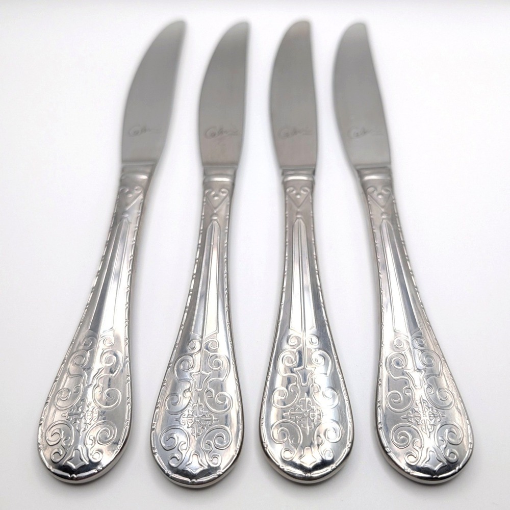 Calen Ornate Baroque Dinner Knives (4) Heavy Stainless Scroll Fleur de Lis 9"